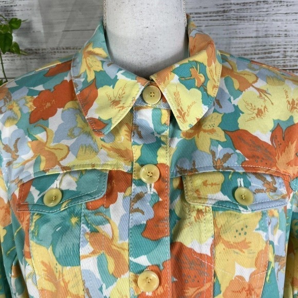 Nicole Miller Denim Jean Jacket size 12 Orange Yellow Floral Pockets Stretch - Picture 5 of 11